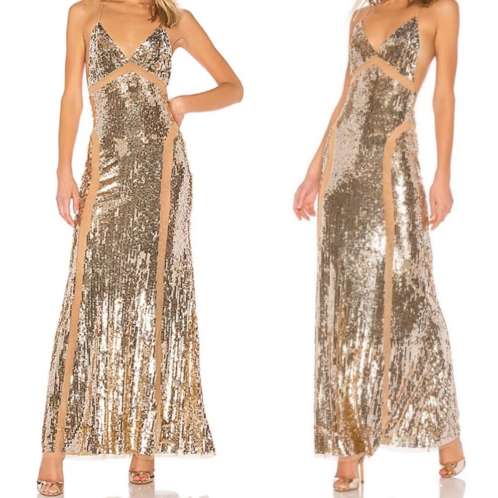 Lovers + Friends Revolve Loyal Gown Gold Sequin Sheer Cut Out Deep-V Neck